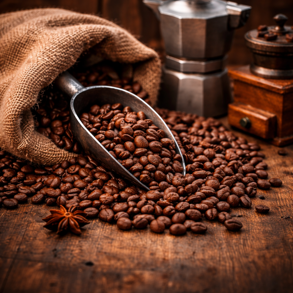 Roasted coffee beans spilling from a burlap sack with a metal scoop